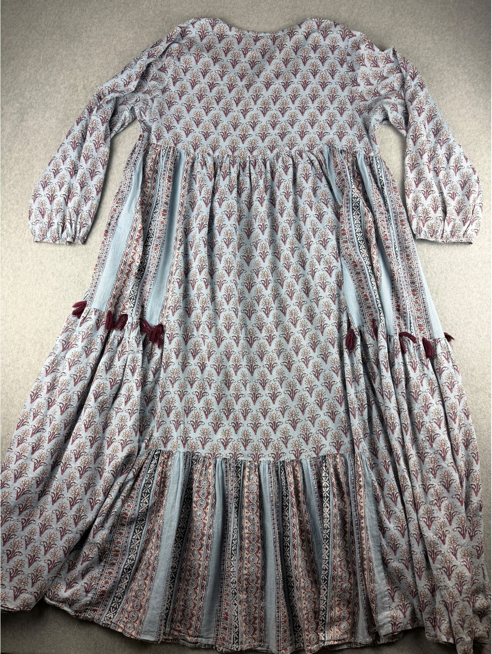 World Market L/XL Floral Maxi Dress Boho Tiered Cotton Tassel Blue - Picture 2 of 9